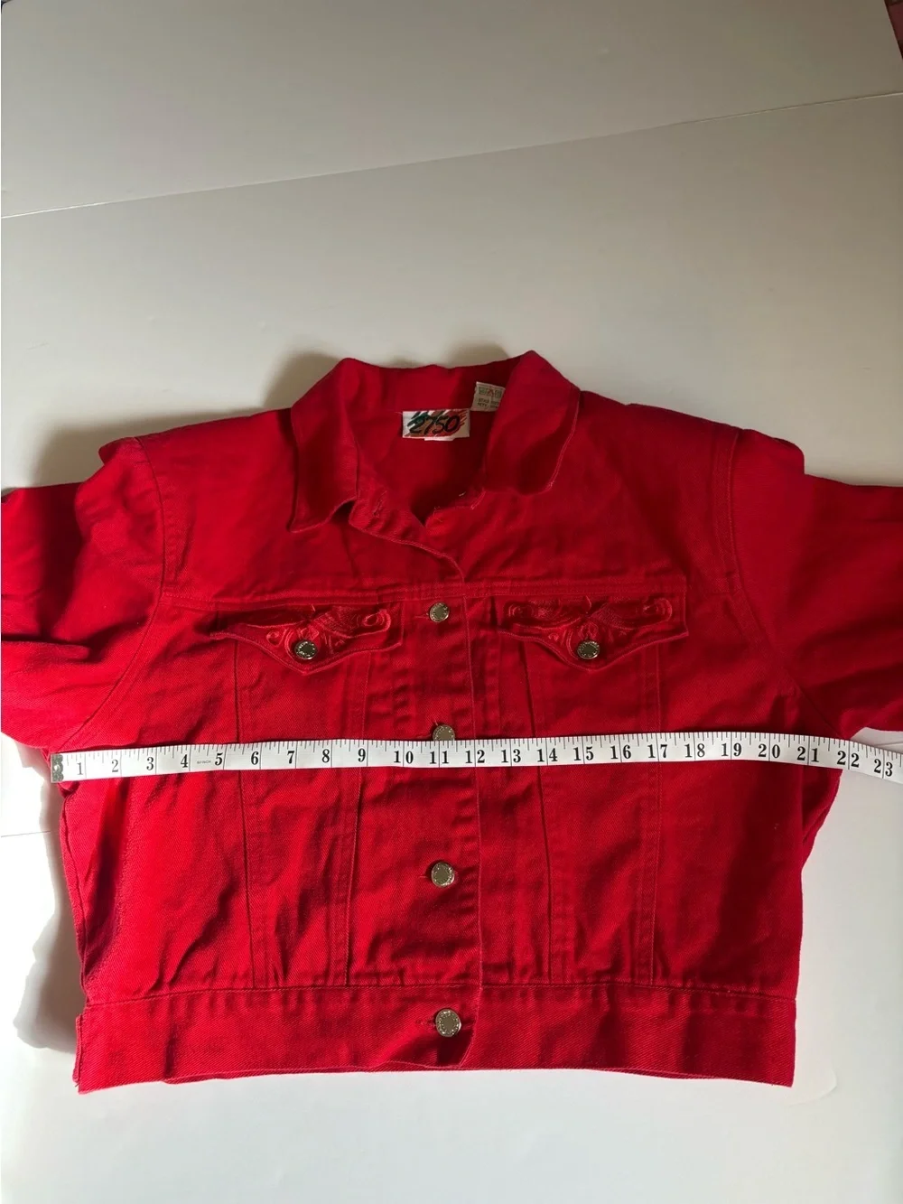 Vintage 90s Red Cropped Denim Jacket Boxy Retro Streetwear 2750, Sz 9/Medium. - Picture 14 of 16